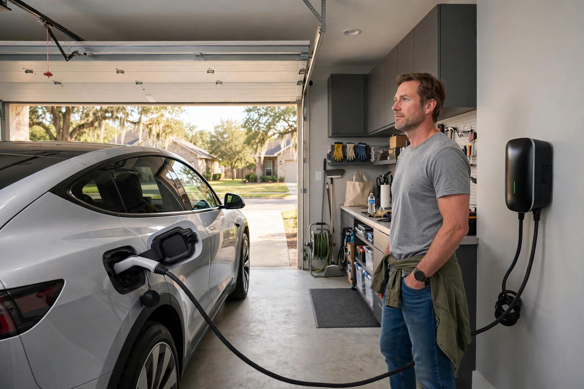Homeowner with a newly installed home EV charger charging an electric SUV in a Leander, TX garage