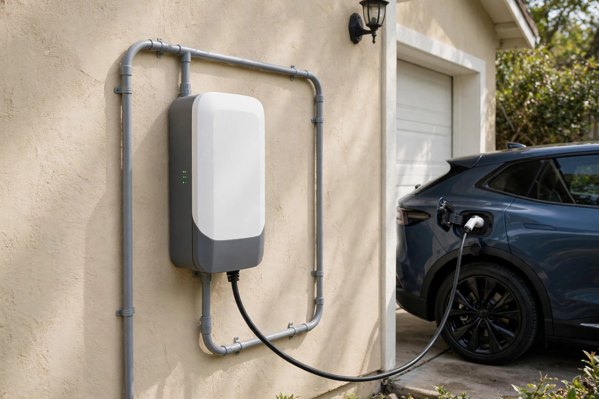 Level 2 home EV charger installed on a garage wall in Leander, Texas